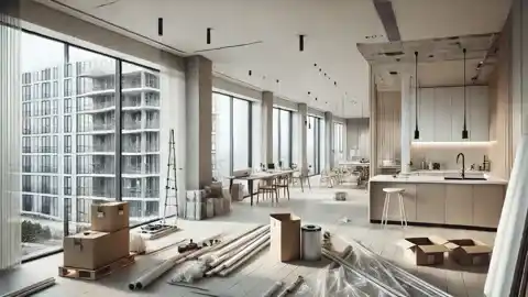 بازسازی مدرن آپارتمان بزرگ به سبک مینیمالیست با فضای باز، ابزارهای ساخت‌ و ساز، داربست و پوشش‌ های پلاستیکی در کنار دیوارهای ناتمام و نور طبیعی