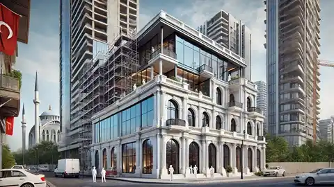 نمای بیرونی یک ویلای مدرن در سواحل ترکیه، بازسازی‌شده توسط تیمی از معماران ایرانی، با طراحی لوکس، پنجره‌های بزرگ و استخر روباز