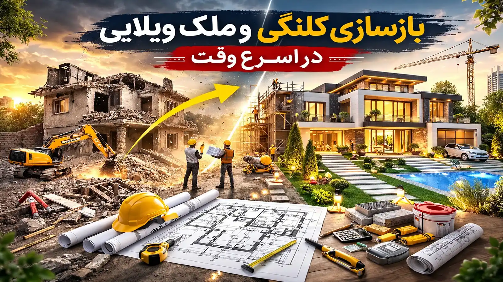 بازسازی فوری ملک ویلایی با طراحی لوکس و مدرن، اجرای کامل بازسازی ویلا شامل تغییر نقشه داخلی، نما، محوطه سازی و دکوراسیون داخلی در کوتاه‌ ترین زمان